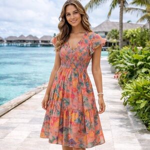 Lovelo Floral Smocked Midi Dress | Bright Pink Tiered Boho | Size M